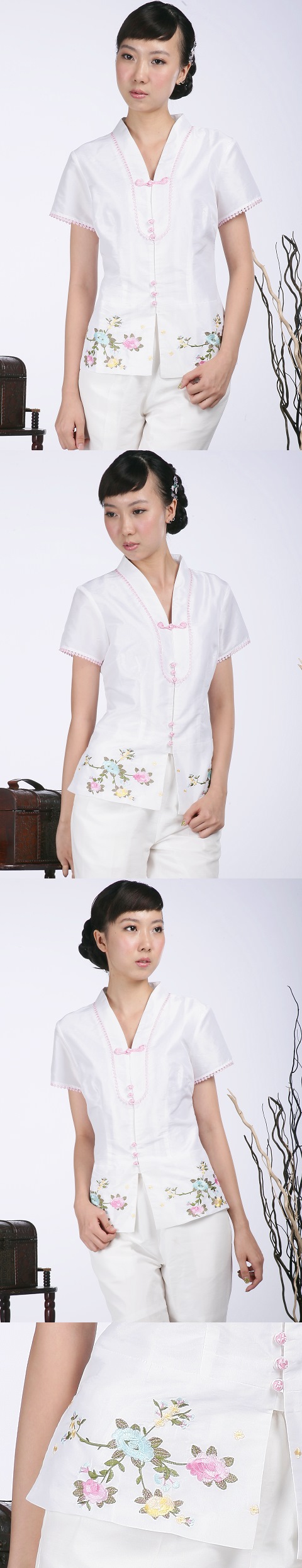 Short-sleeve Embossed Embroidery Mandarin Blouse (White)