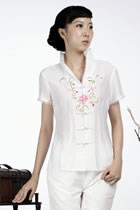Short-sleeve Floral Embroidery Mandarin Blouse (White)