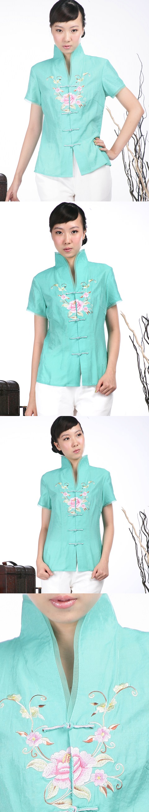 Short-sleeve Floral Embroidery Mandarin Blouse (Aqua)