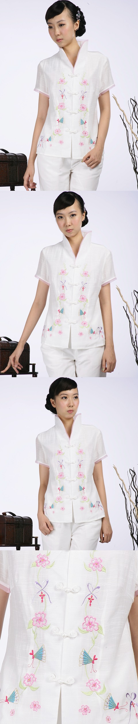 Short-sleeve Floral Embroidery Mandarin Blouse (Beige)