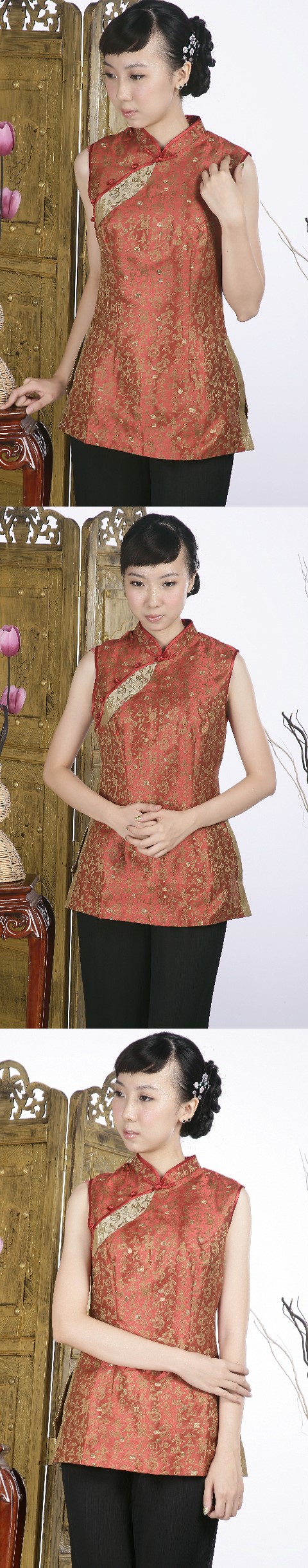 Sleeveless Chinese Poem Embroidery Mandarin Blouse (Rusty Red)