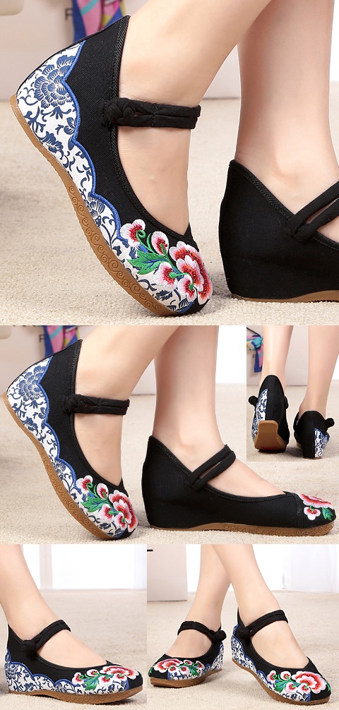 Mid Heel Flower Embroidery Shoes (Black)