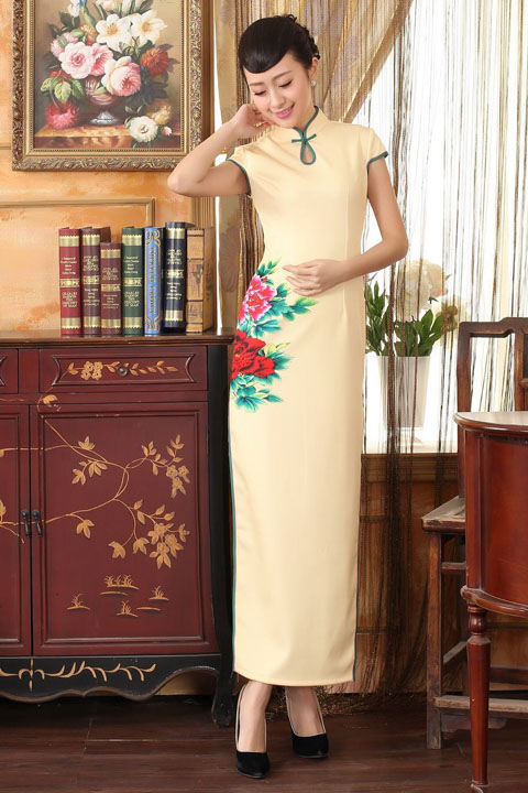 Long-length Cup-sleeve Printing Silky Cheongsam (RM)