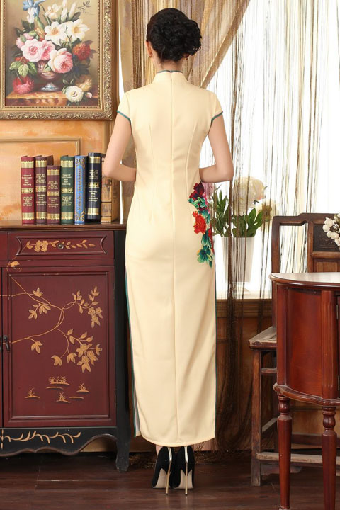 Long-length Cup-sleeve Printing Silky Cheongsam (RM)