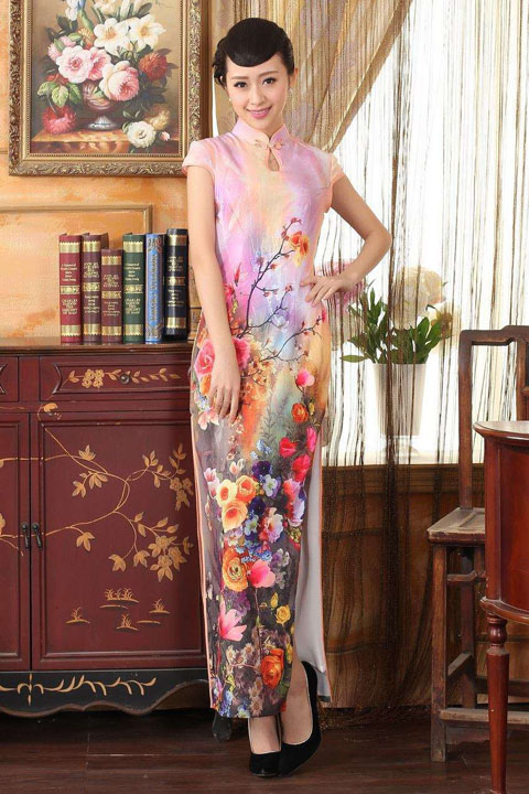 Long-length Cup-sleeve Printing Silky Cheongsam (RM)