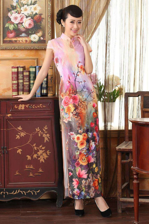 Long-length Cup-sleeve Printing Silky Cheongsam (RM)