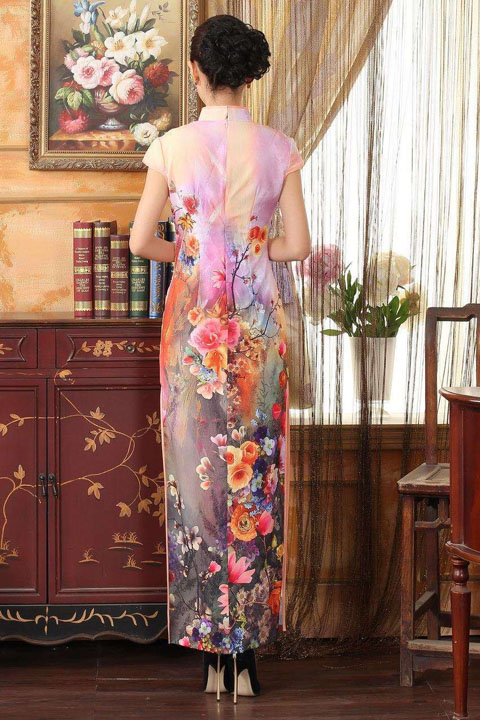 Long-length Cup-sleeve Printing Silky Cheongsam (RM)