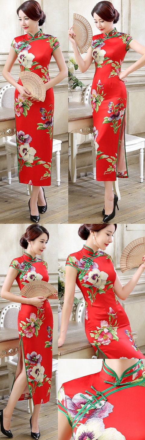 Cup-sleeve Silk Printing Cheongsam (RM)