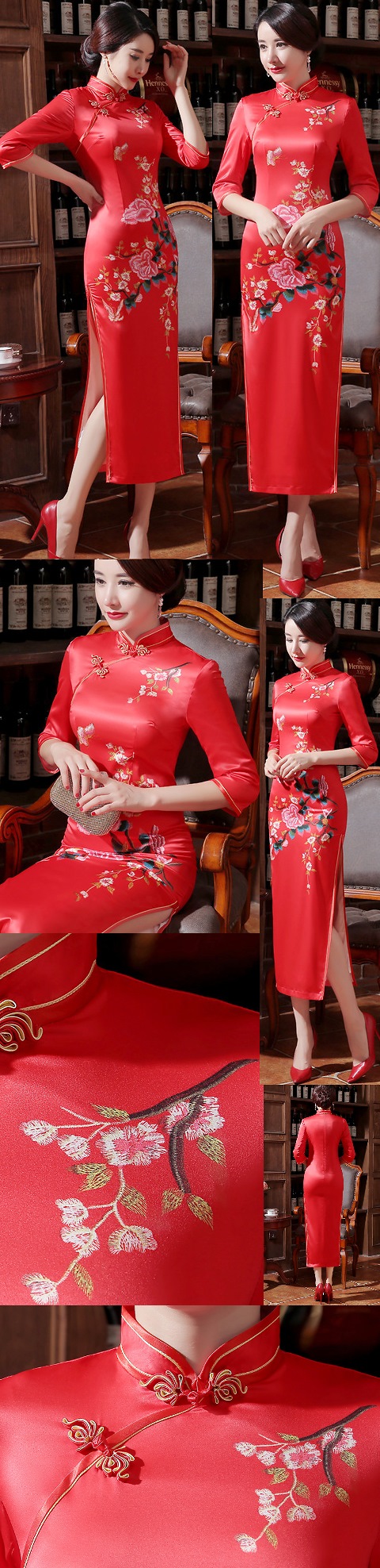 Elbow-sleeve Silk Printing Cheongsam (RM)