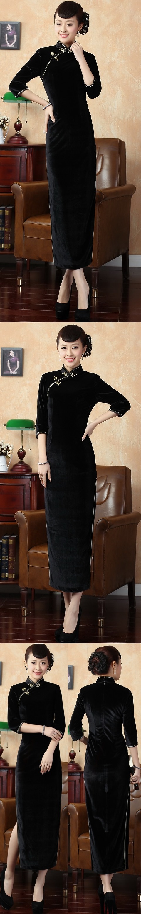 Elbow-sleeve Long-length Velvet Cheongsam (RM)