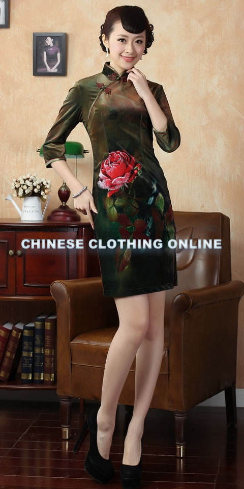 Elbow-sleeve Short-length Spray Painting Velvet Cheongsam (RM)