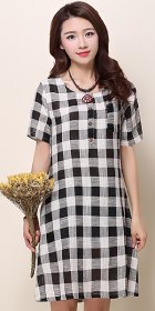Ethnic Short-sleeve Yarn-dyed Checker Dress - White (RM)