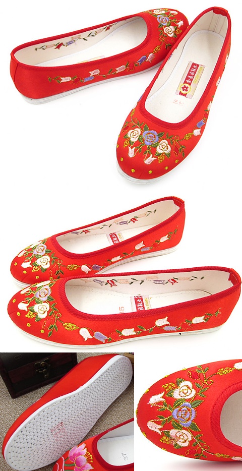 Satin Pomegranate Flower Embroidery Shoes (Red)