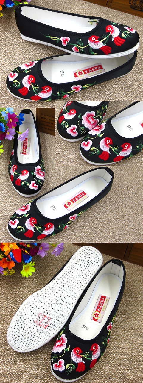 Satin Flower and Bird Embroidery Shoes (Black)