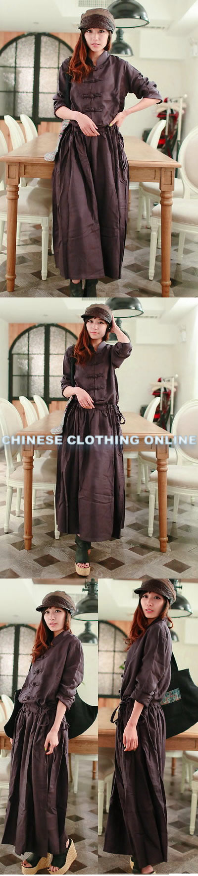Ethnic Long-sleeve Standing Collar Loose Dress (CM)