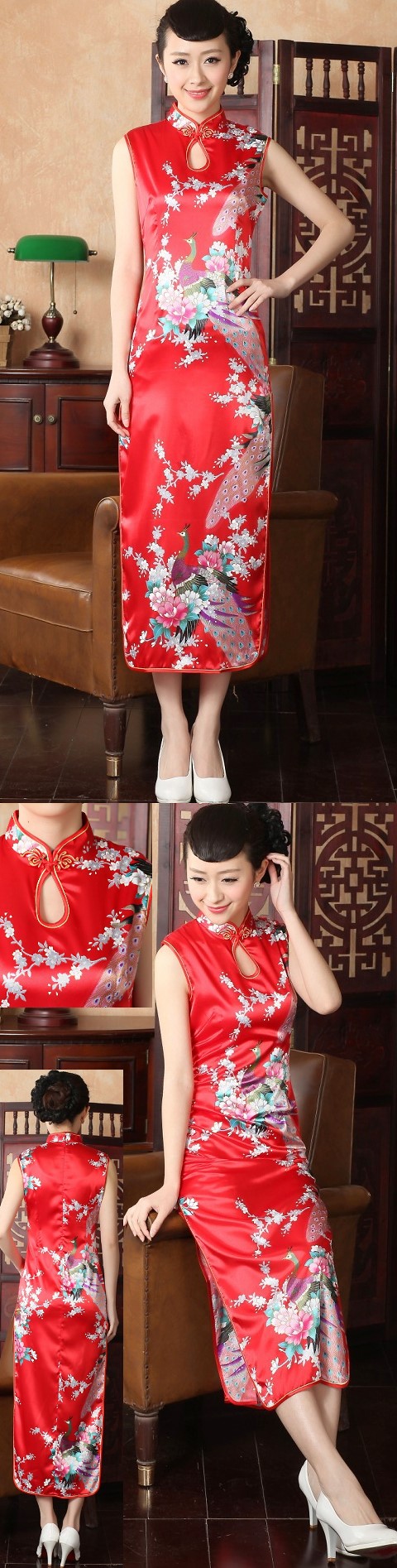 Sleeveless Long-length Peacock Cheongsam (RM)