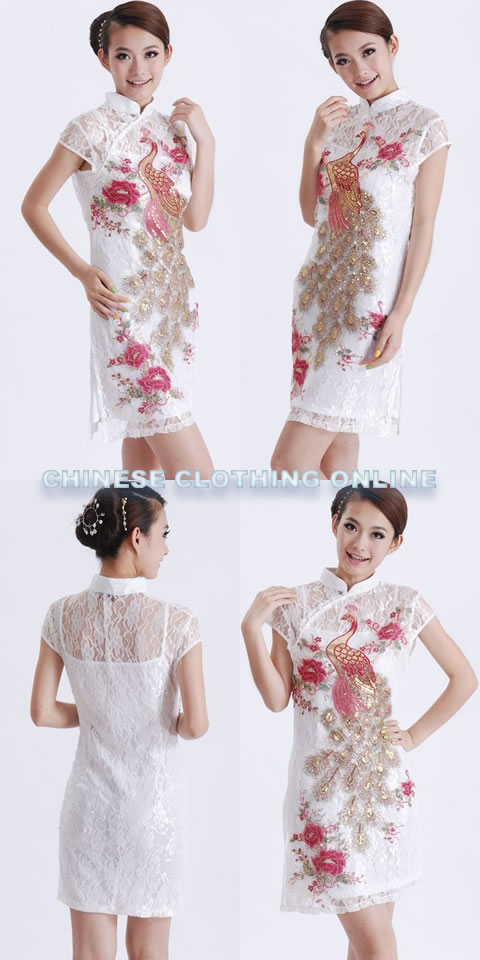 Cup-sleeve Short-length Phoenix Embroidery Lace Cheongsam (RM)
