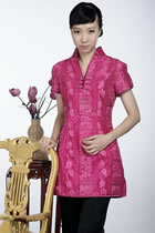 Short-sleeve Embossed Embroidery Mini Cheongsam Dress (Fuchsia)