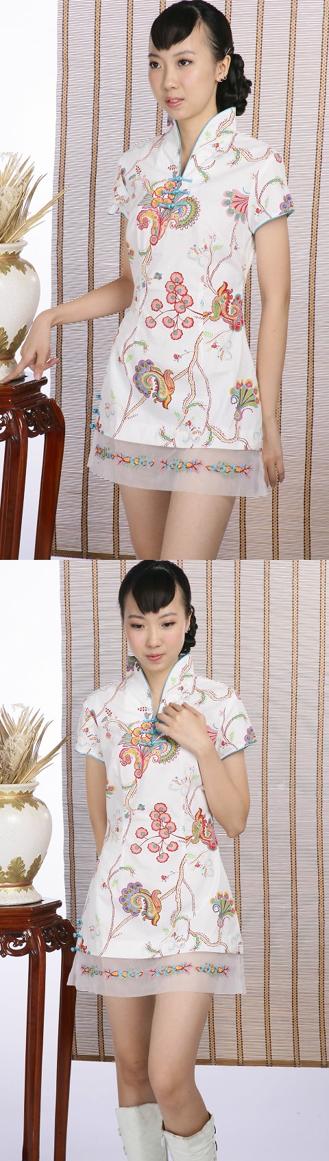 Short-sleeve Printed Pattern Cheongsam Dress (White)