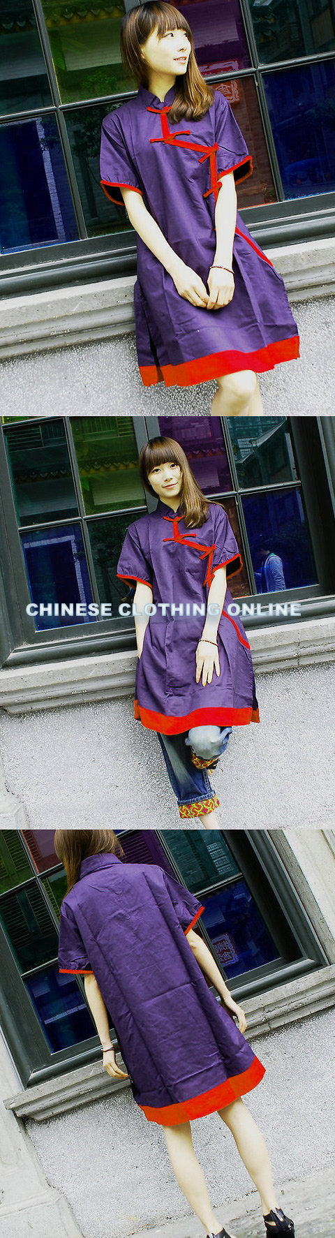 Ethnic Short-sleeve Eye-catching Piping Loose Dress (CM)