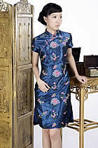 Short-sleeve Floral Embroidery Midi Cheongsam Dress (Sapphire Blue)