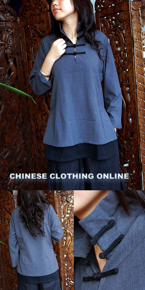 Ethnic Long-sleeve Standing Collar Half Dual-layer Blouse (CM)