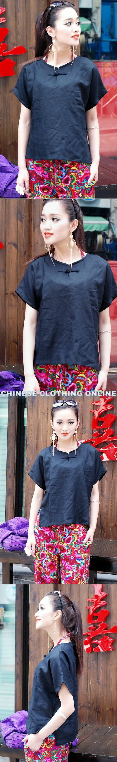Ethnic Short-sleeve Round Collar Blouse (CM)