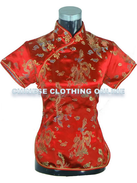 Short-sleeve Dragon and Phoenix Embroidery Mandarin Blouse (RM)