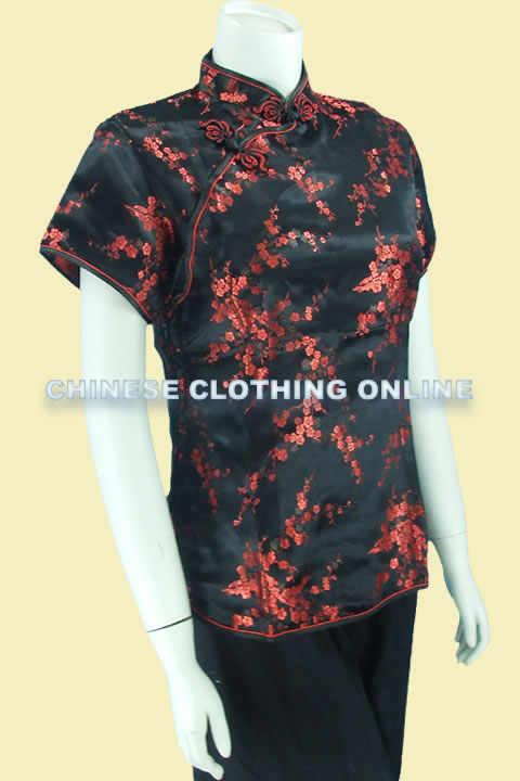 Short-sleeve Plumb Blossoms Embroidery Mandarin Blouse (RM)