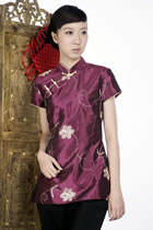 Short-sleeve Embossed Embroidery Mandarin Blouse (Purple)