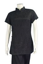 Short-sleeve Shadow Embroidery Mandarin Blouse (Black)