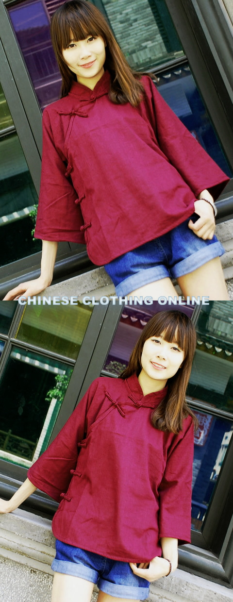 Ethnic 3/4-Sleeve Standing Collar Blouse (CM)