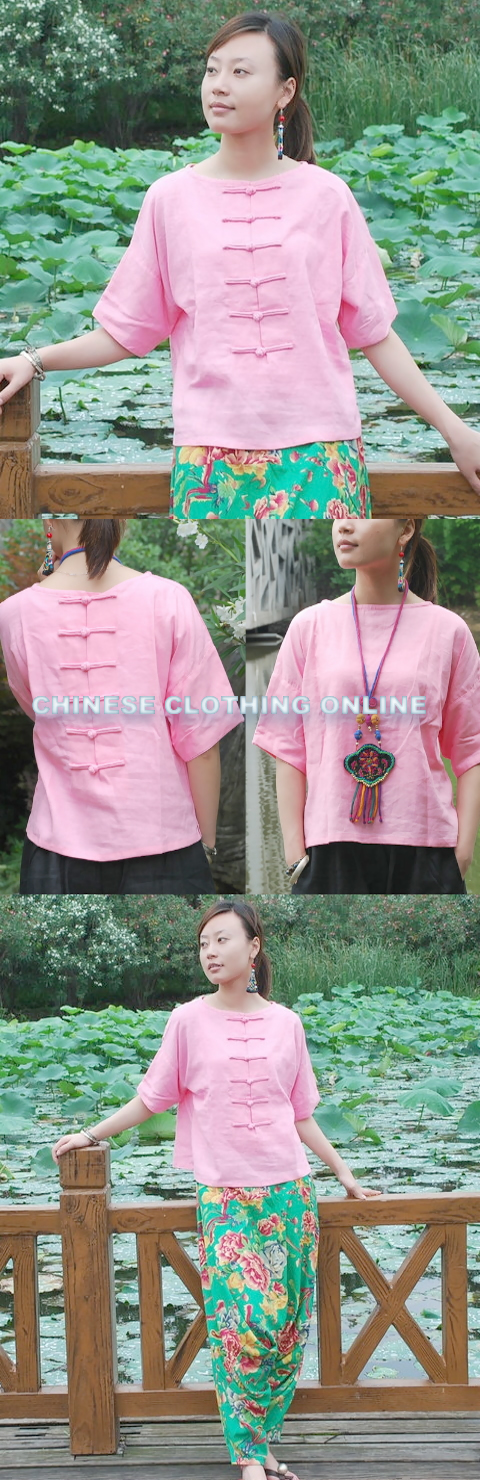 Ethnic Mid-sleeve Cotton Linen Front/Back Turnable Blouse (CM)